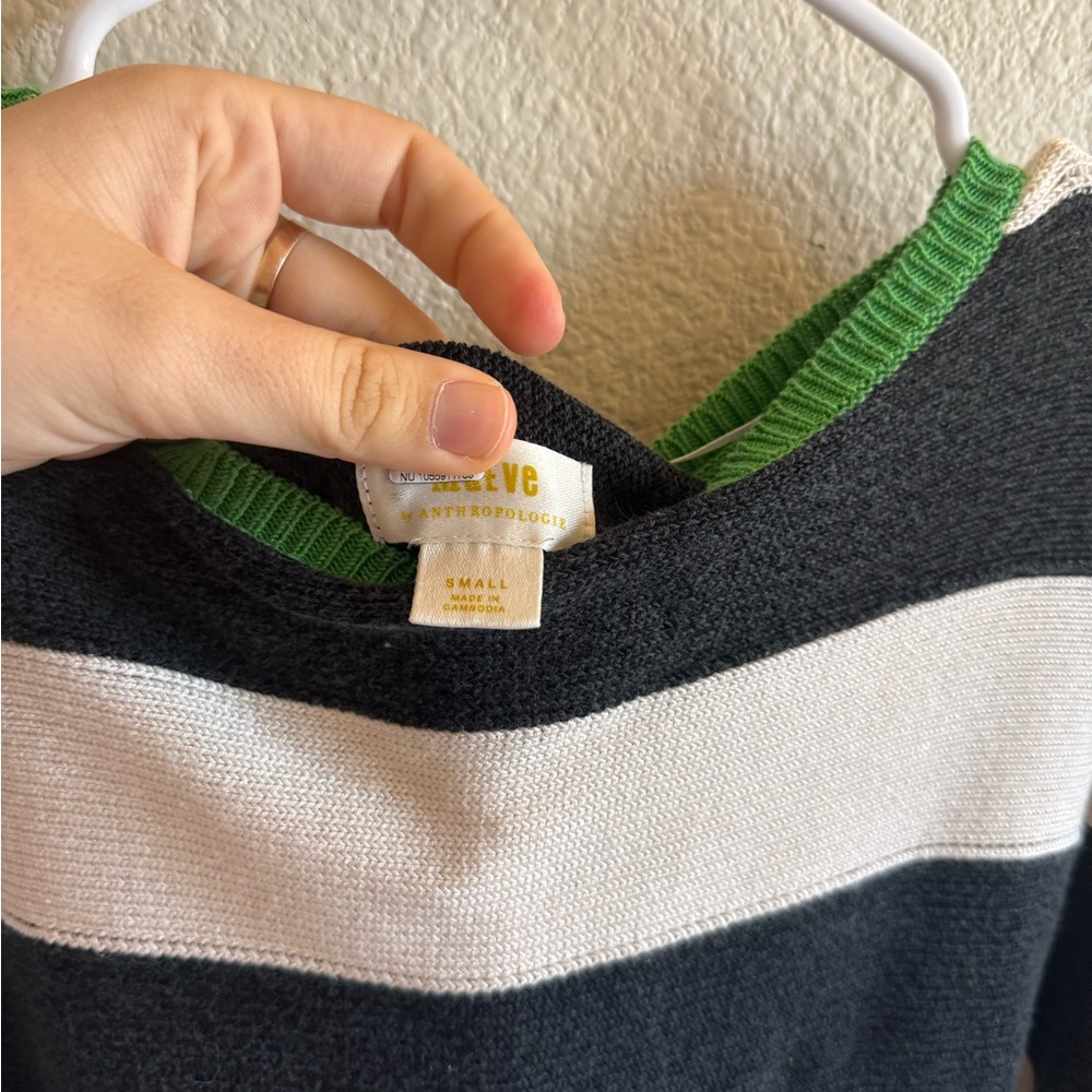 Maeve Anthropologie Slouchy Boatneck Black & White Striped Sweater Green Touch - Picture 6 of 10